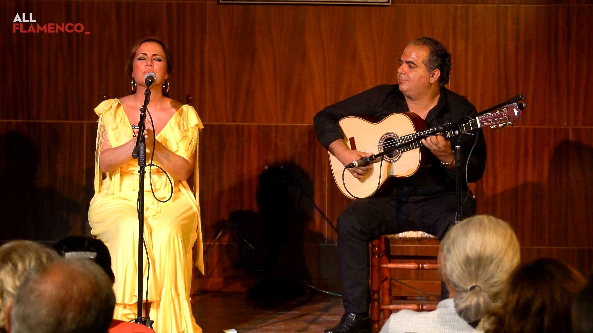 Una cantaora con vestido amarillo canta sentada ante el micrófono y, a su lado, un guitarrista la acompaña
